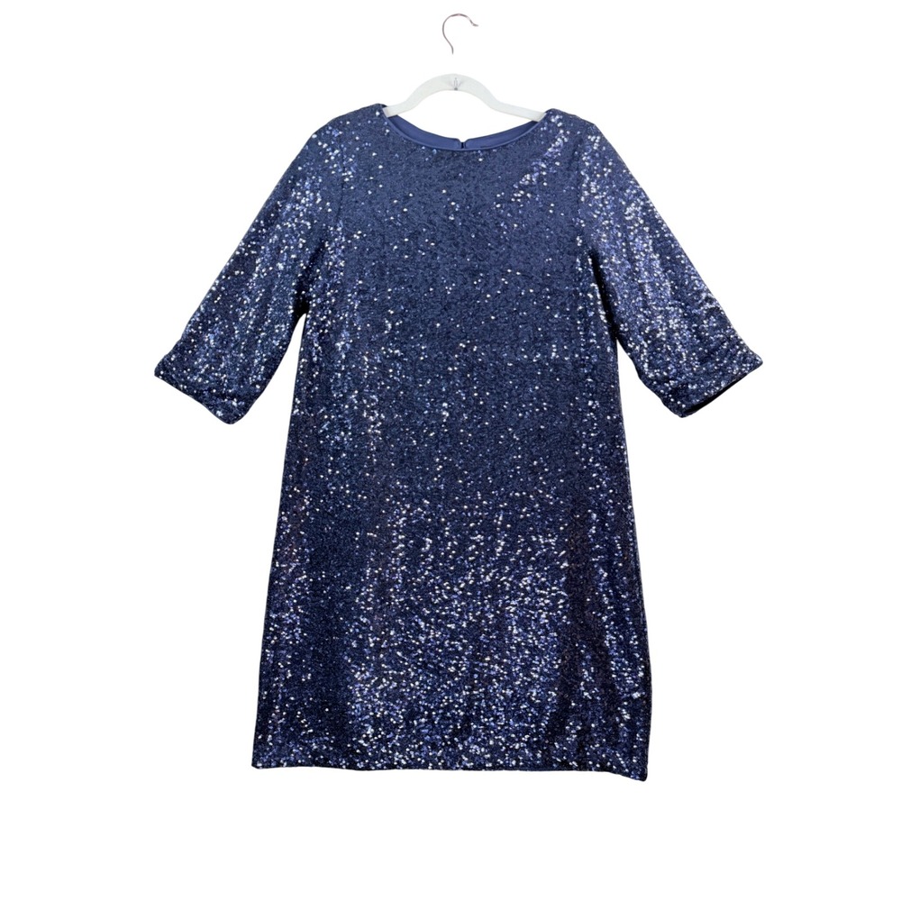 Maia Sequin Dress Women Size 12 Navy Blue 3/4 Sleeve Cocktail Party Event Shift